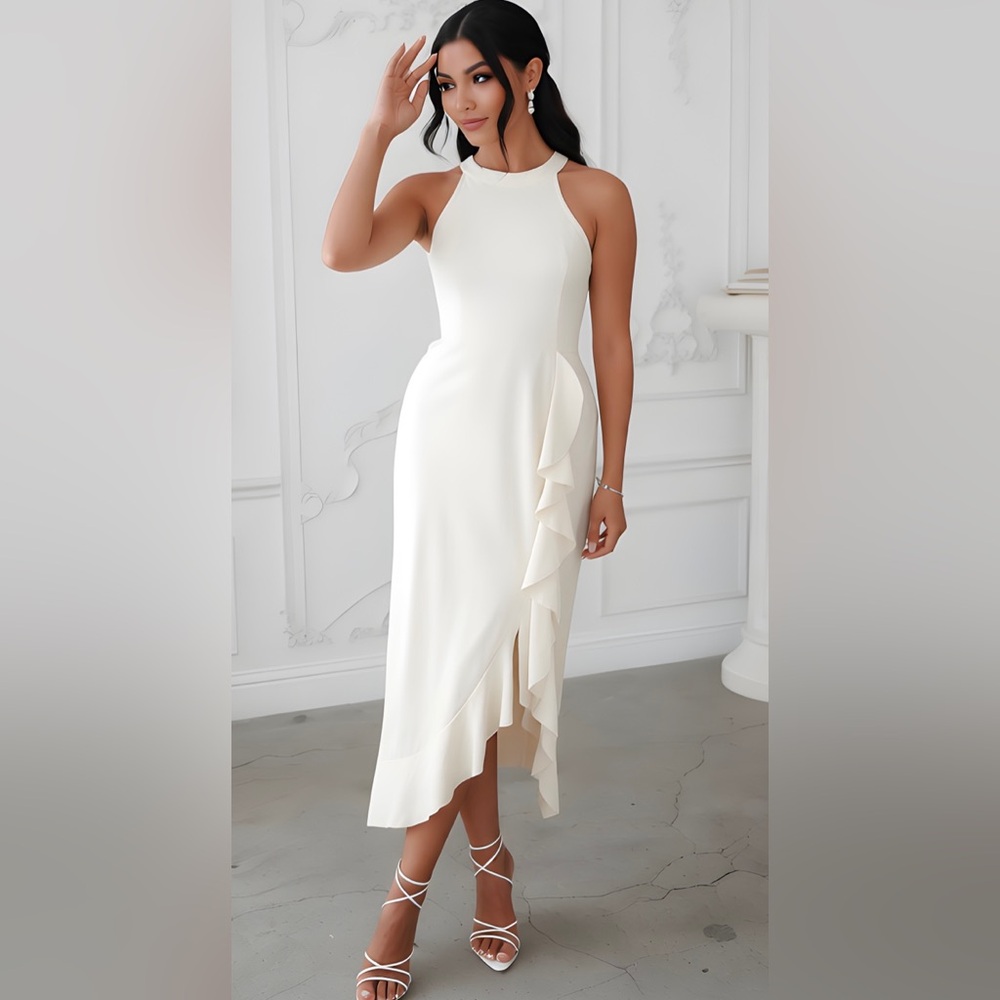 Sleeveless White Maxi Dress Halter Top with zipper bridal shower wedding gown